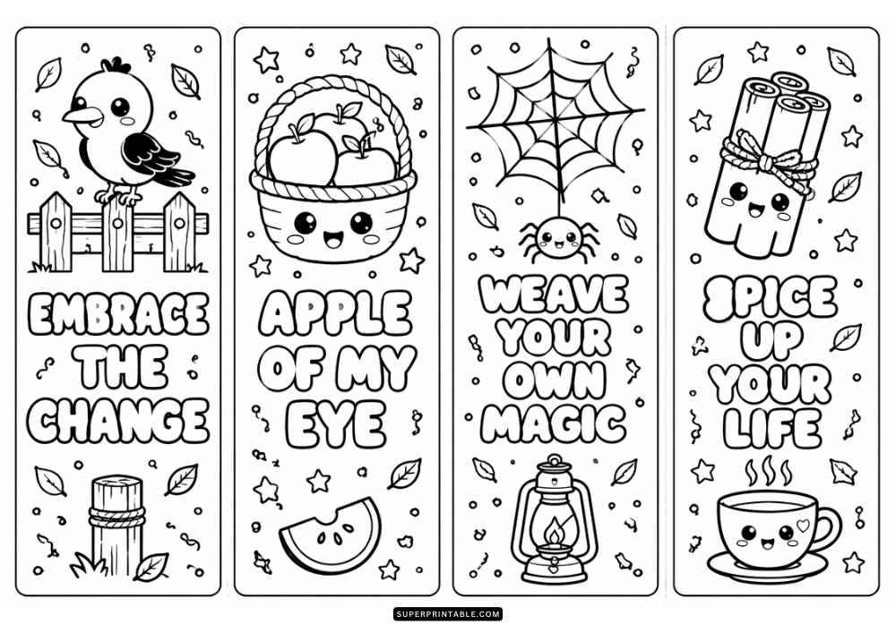Four autumn bookmarks with leaves, pumpkins, acorns, and cozy fall quotes.