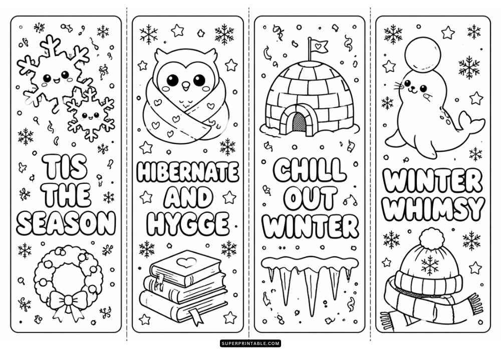 Four winter bookmarks with reindeer, stars, scarves, snowflakes, and winter sayings.