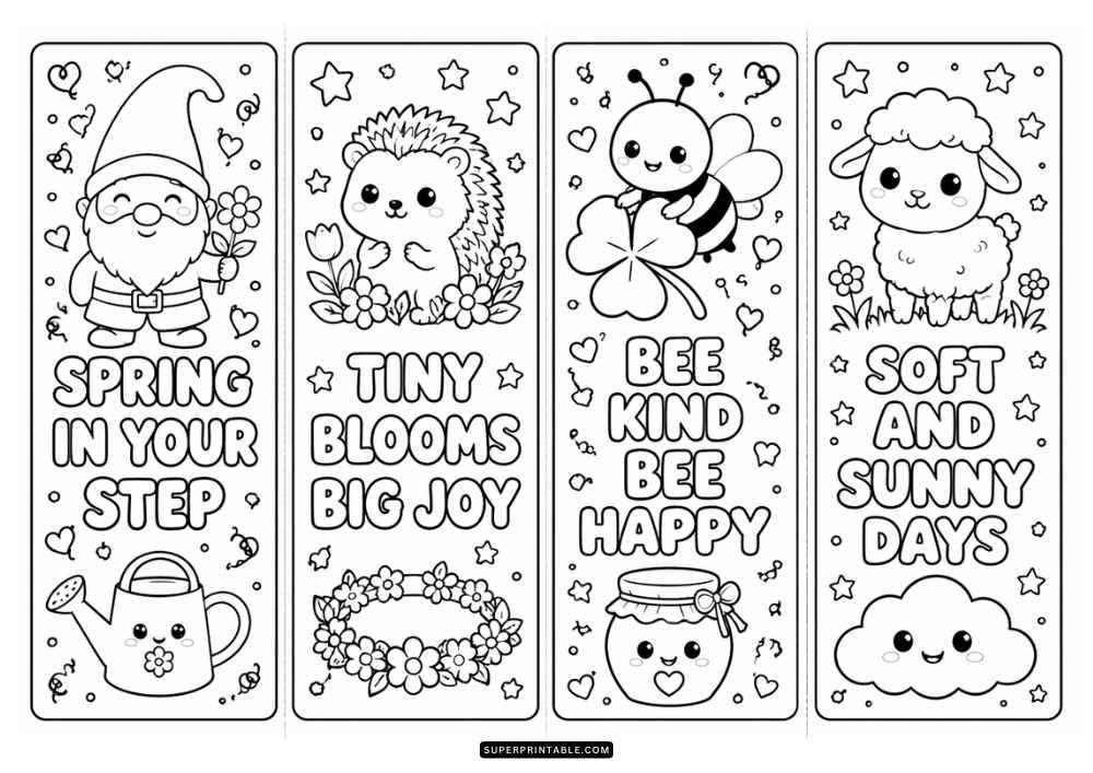 Four spring bookmarks with birds, flowers, butterflies, and nature quotes.
