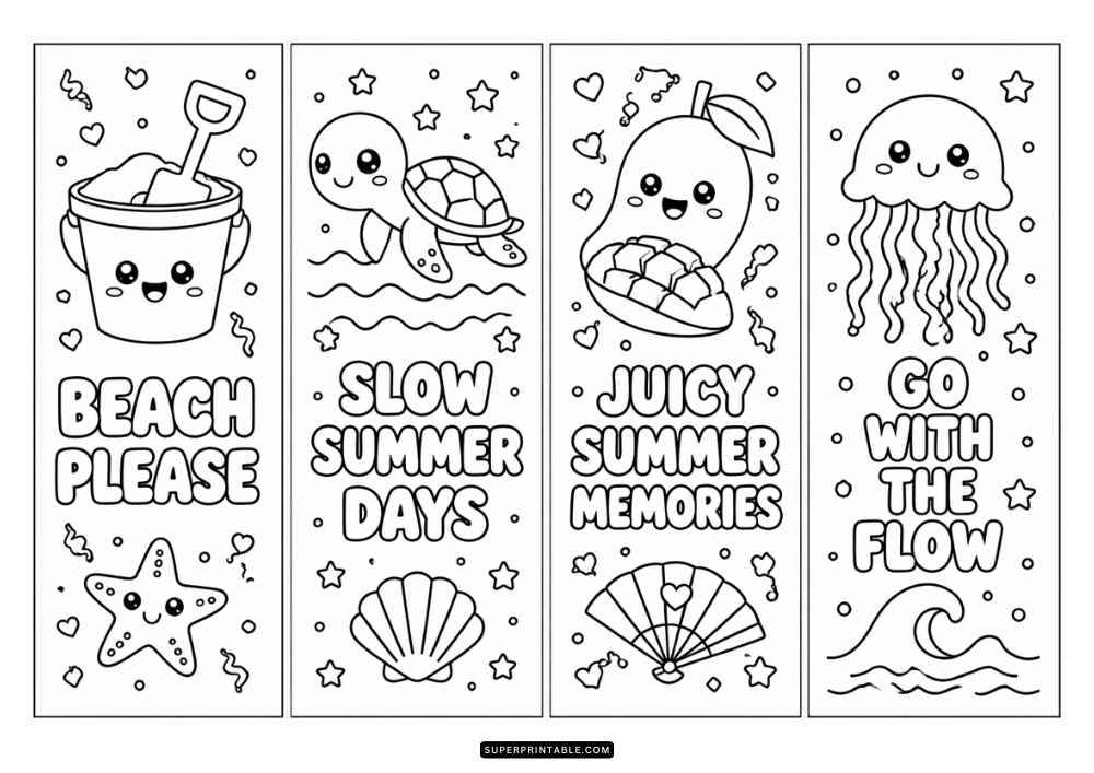 Four summer bookmarks with umbrellas, seashells, boats, sunshine, and vacation quotes.
