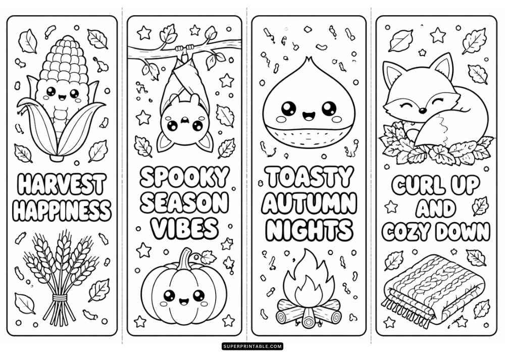 Four autumn bookmarks with pumpkins, scarecrow, leaves, and harvest quotes.