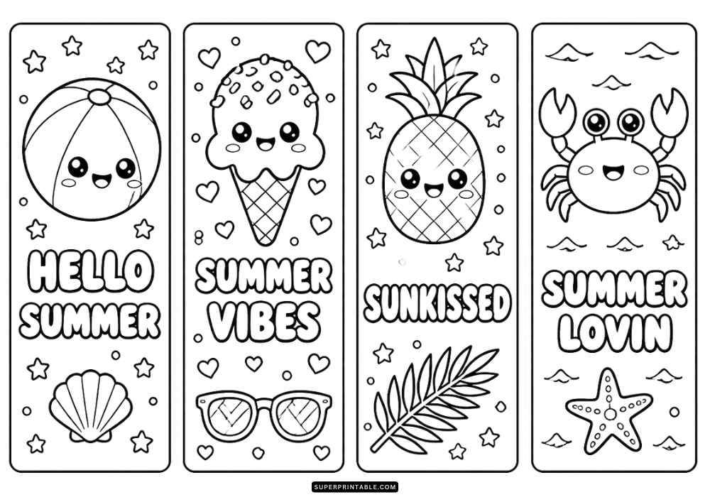 Four summer bookmarks with sun, ice cream, beach ball, waves, and summer quotes.