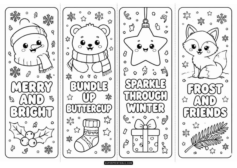 Four winter bookmarks with ornaments, snowman, gifts, snowflakes, and holiday quotes.