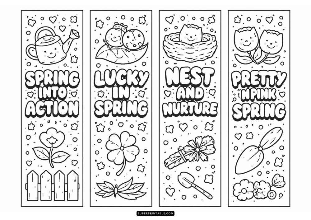 Four spring bookmarks with a watering can, ladybugs, nest, tulips, flowers, and spring quotes.