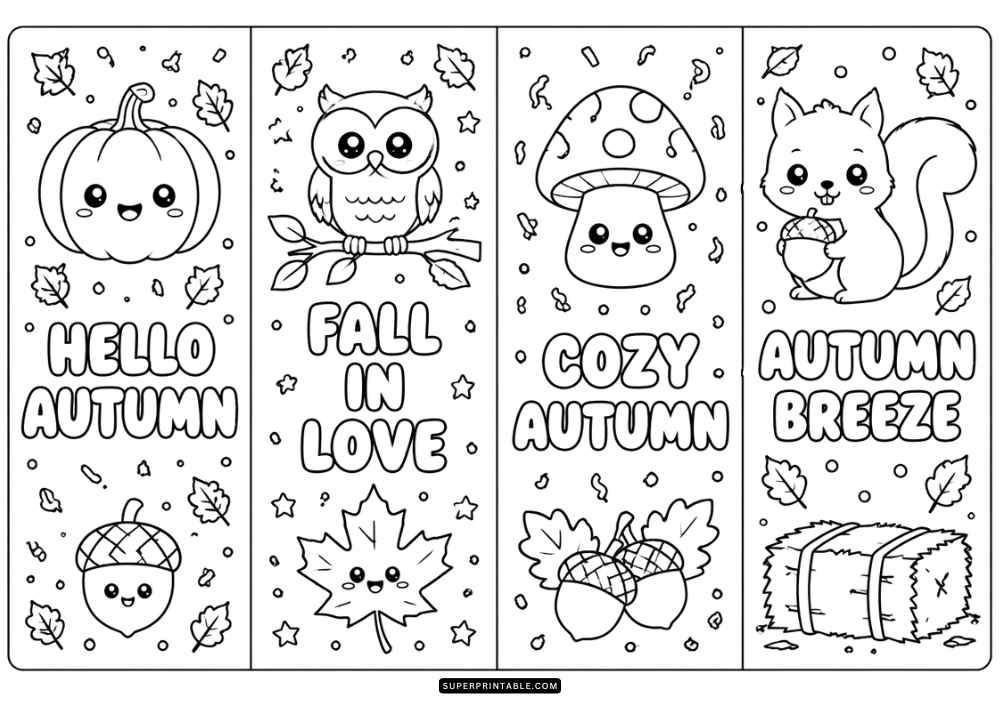 Four autumn bookmarks with pumpkins, leaves, mushrooms, acorns, and fall quotes.