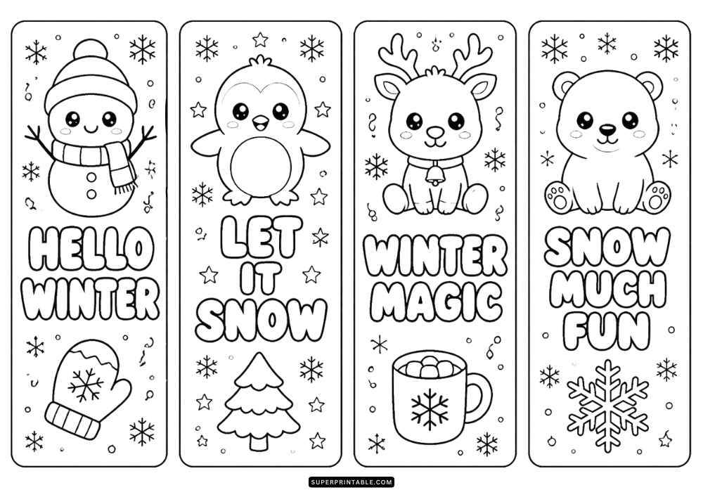 Four winter bookmarks with snowflakes, penguin, mittens, cocoa, and winter quotes.