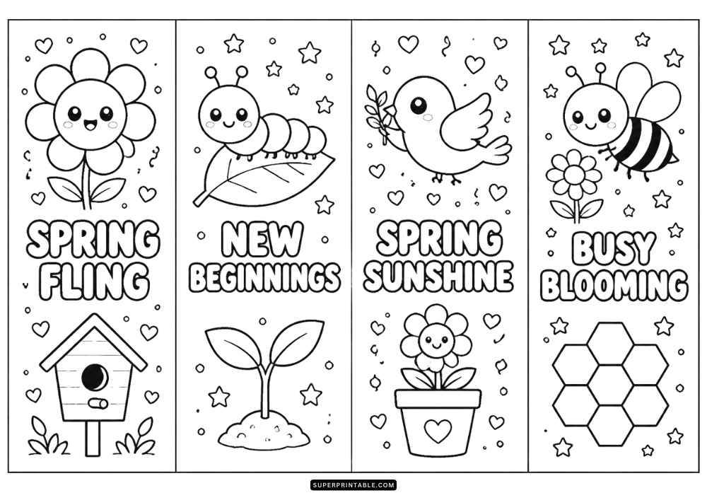 Four spring bookmarks with tulips, birds, ladybugs, watering can, and garden quotes.