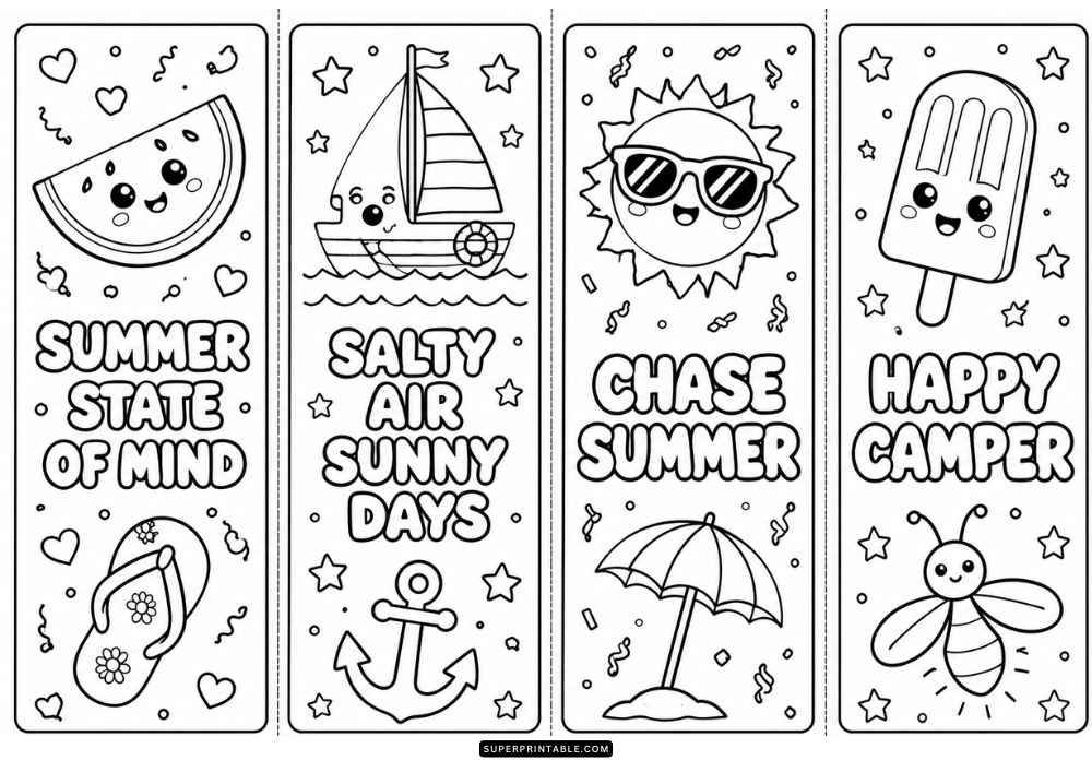 Four beach bookmarks with starfish, sailboat, shells, flip flops, and summer quotes.