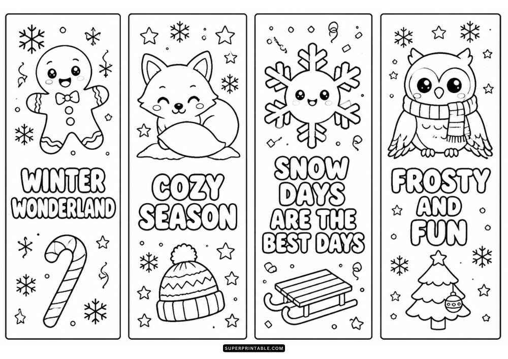 Four winter bookmarks with snowman, sled, gifts, pine trees, and seasonal quotes.