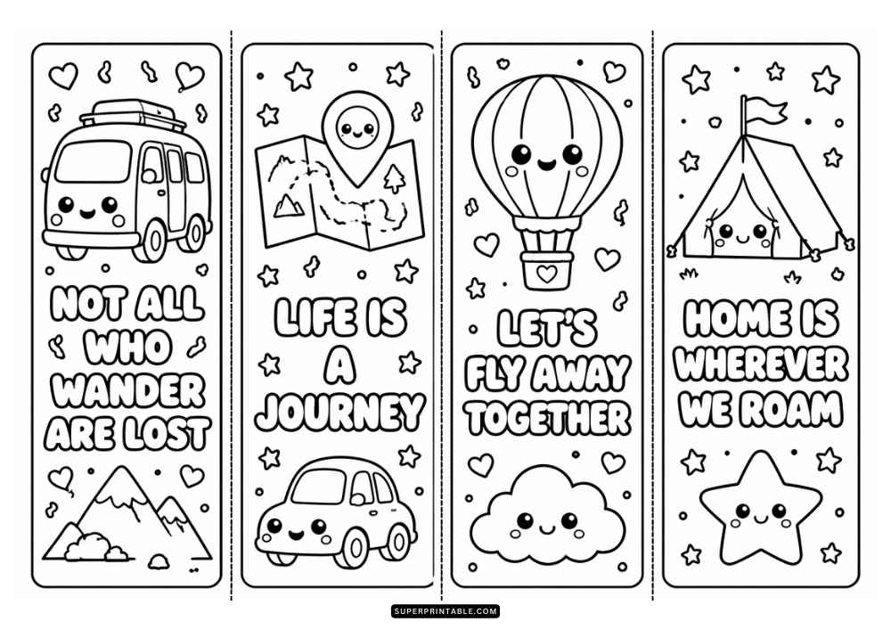 Eight bookmark coloring pages with cute travel quotes, bus, map, hot air balloon, tent, mountains, and stars.