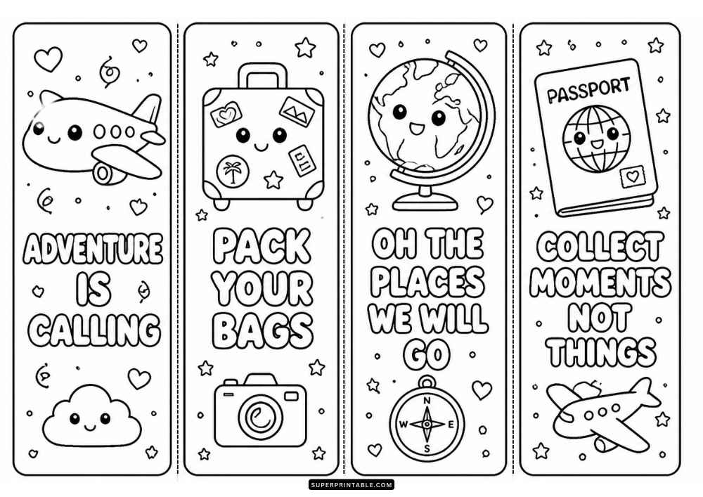 Eight bookmark coloring pages with airplane, suitcase, globe, passport, camera, and travel quotes.