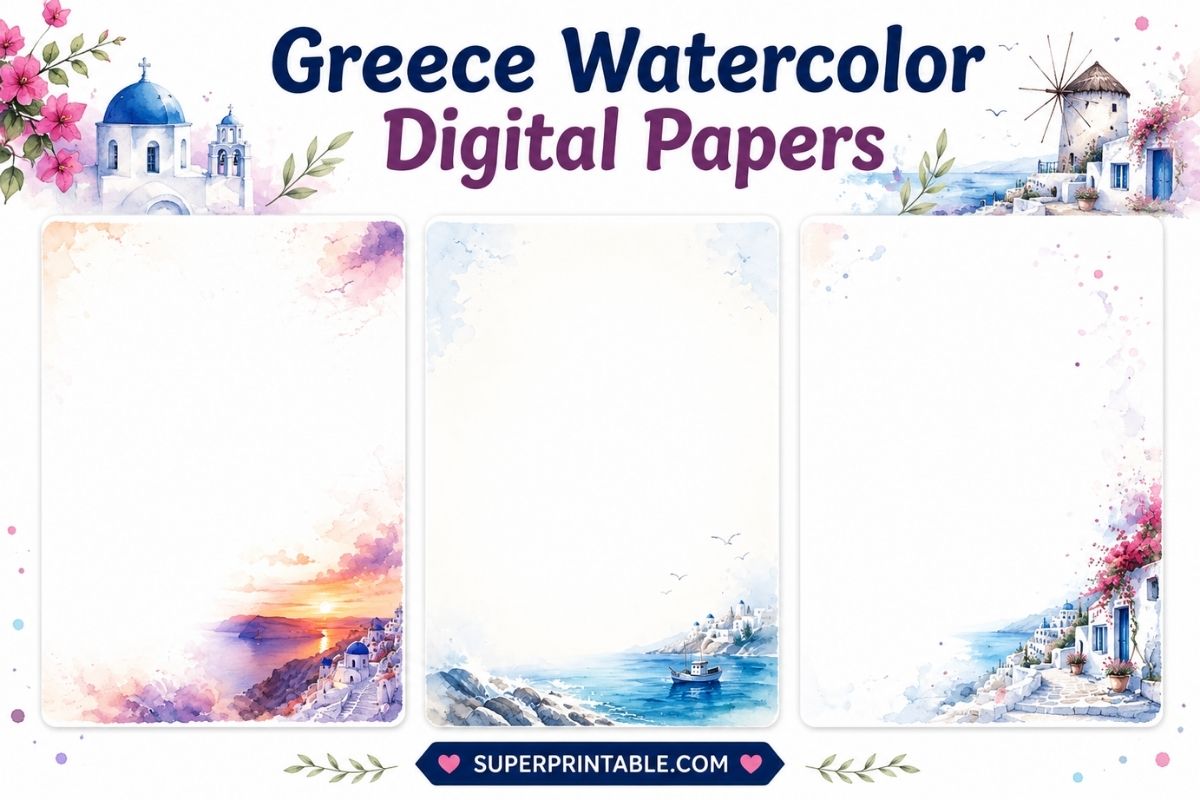 20 Free Greece Watercolor Stationery Pages