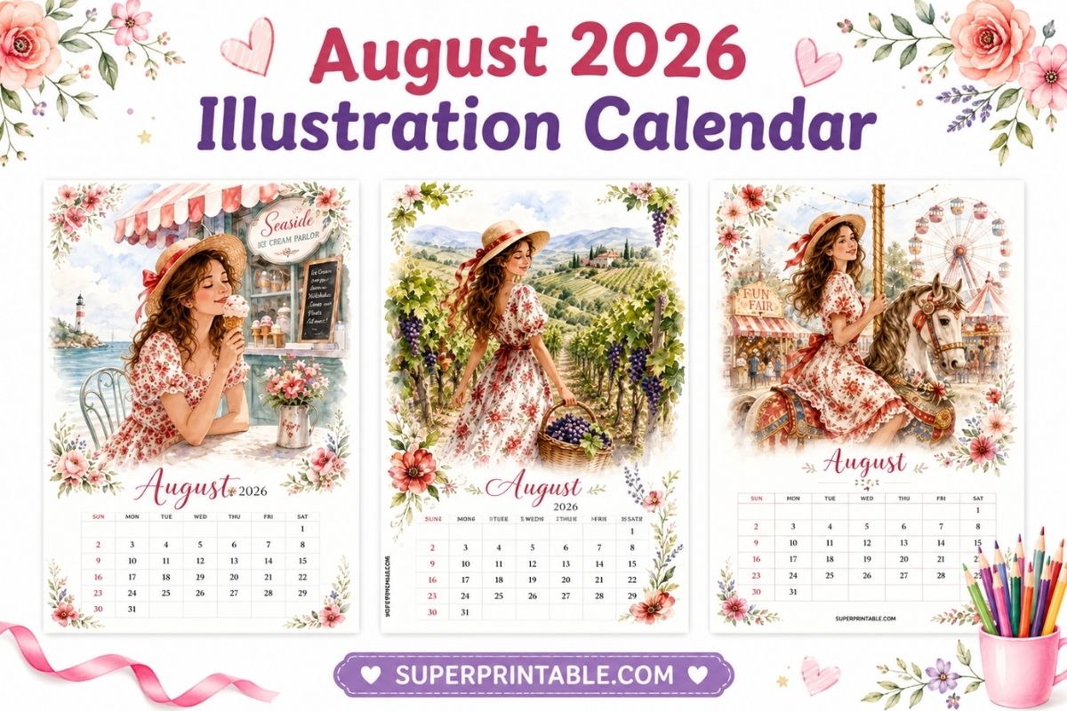 35+ Free August 2026 Illustration Calendar