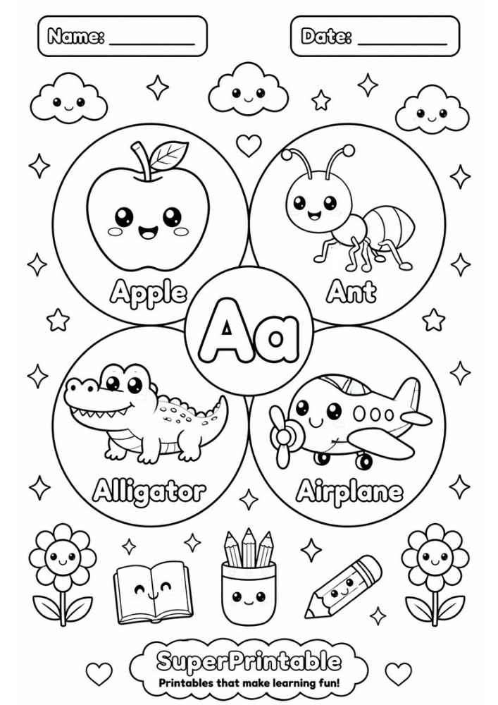 A coloring worksheet for the letter A featuring a kawaii apple, ant, alligator, and airplane inside circles.