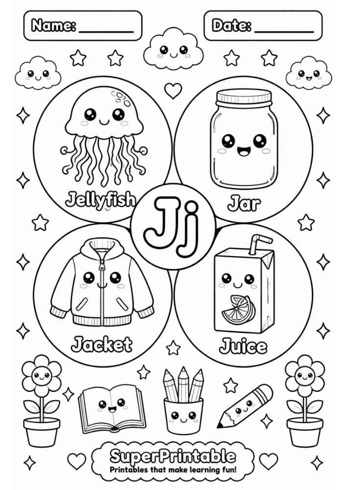 A letter J coloring worksheet showing a cute jellyfish, jar, jacket, and juice box inside circles.