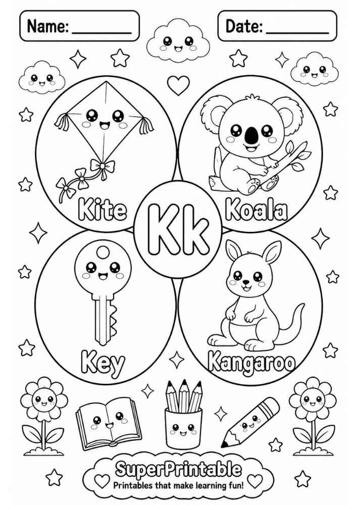 A coloring worksheet for the letter K featuring a kite, koala, key, and kangaroo inside circles.