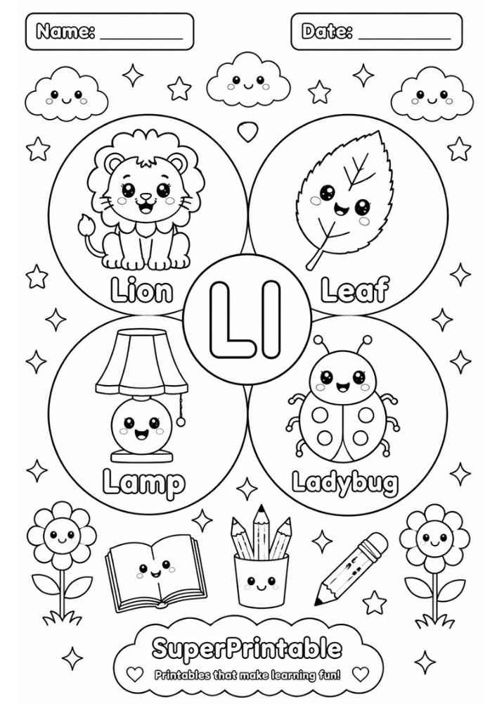 A letter L coloring worksheet showing a lion, leaf, lamp, and ladybug inside circles with cute faces.