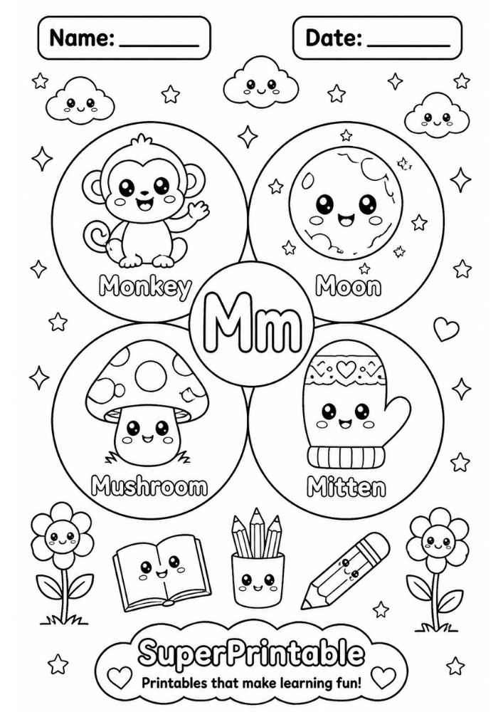 A coloring worksheet for the letter M featuring a monkey, moon, mushroom, and mitten inside circular frames.