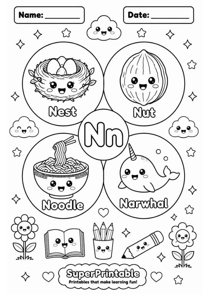 A letter N coloring worksheet showing a nest, nut, noodle bowl, and narwhal inside circles.