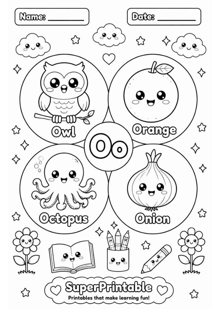 A coloring worksheet for the letter O featuring an owl, orange, octopus, and onion inside circles.