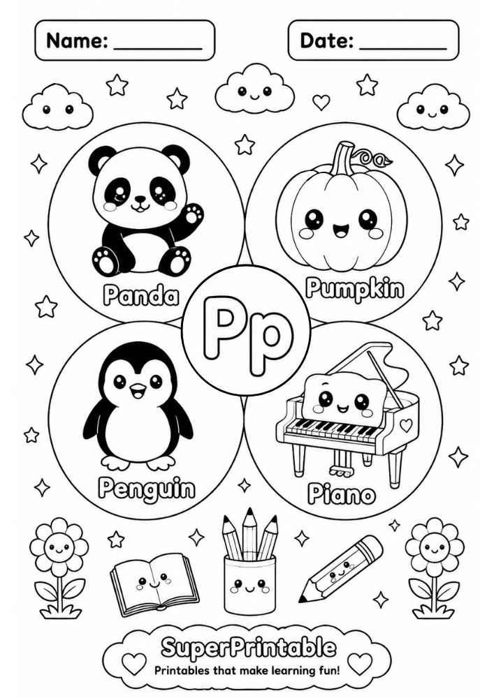 A letter P coloring worksheet showing a panda, pumpkin, penguin, and piano inside circles with kawaii details.