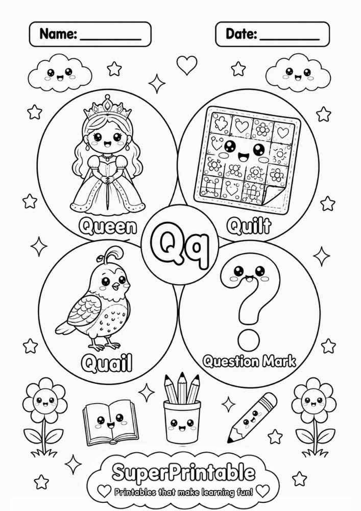 A coloring worksheet for the letter Q featuring a queen, quilt, quail, and question mark inside circular frames.