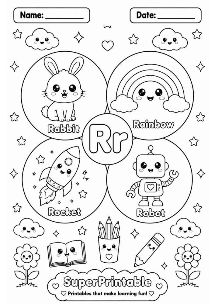 A letter R coloring worksheet showing a cute rabbit, rainbow, rocket, and robot inside circles.