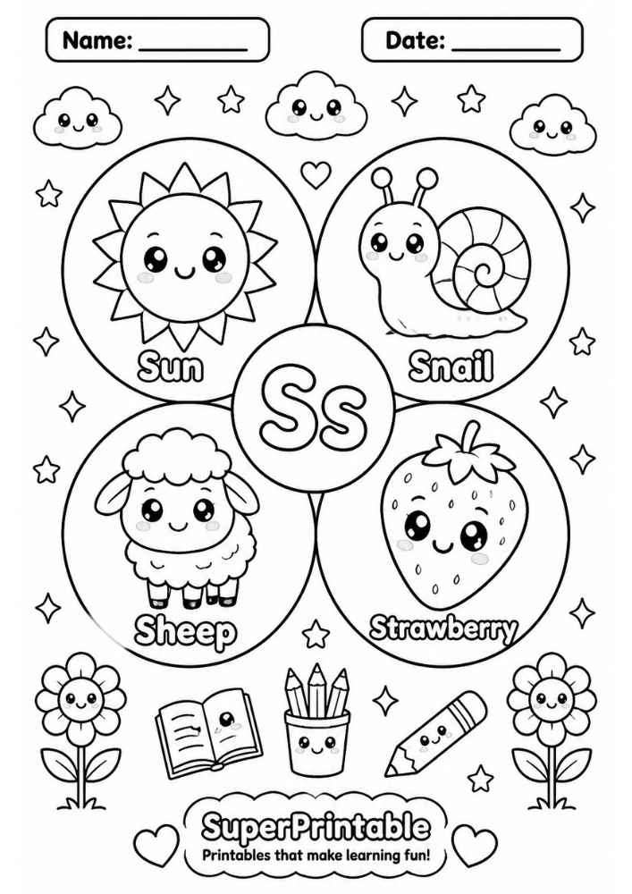A coloring worksheet for the letter S featuring a kawaii sun, snail, sheep, and strawberry inside circles.