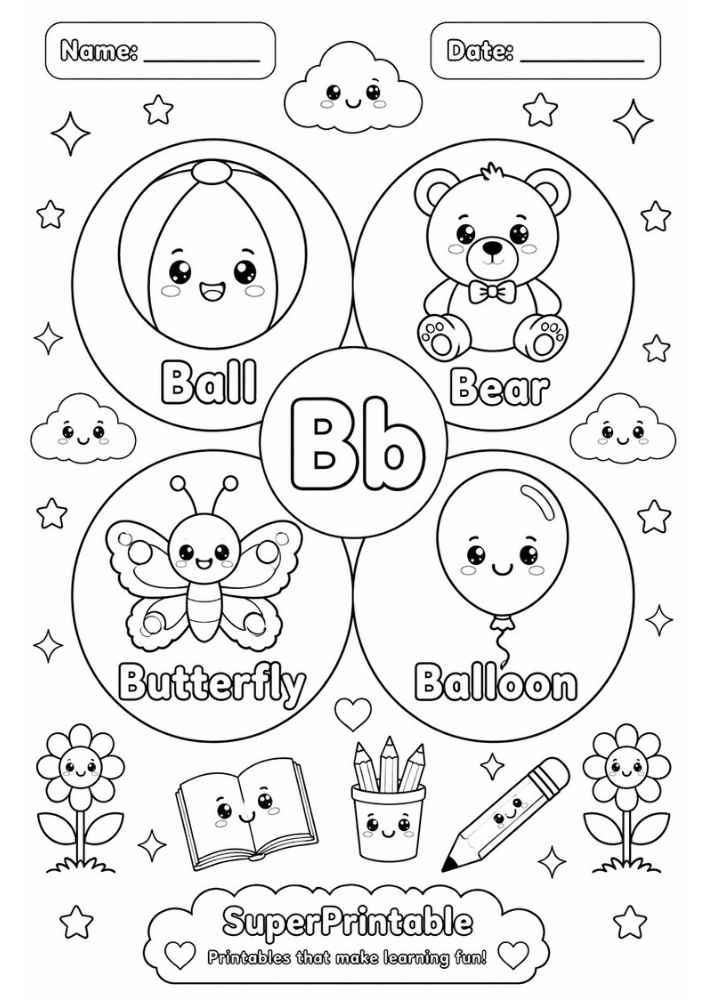 A coloring worksheet for the letter B showing a ball, bear, butterfly, and balloon inside circles with cute faces.