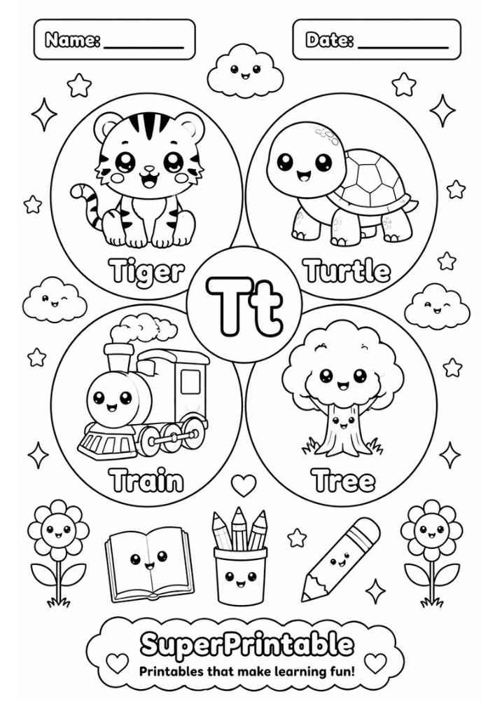 A letter T coloring worksheet showing a tiger, turtle, train, and tree inside four circles with kawaii faces.