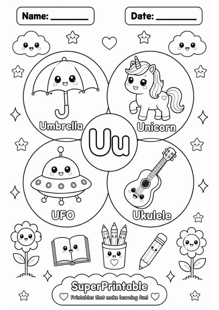 A coloring worksheet for the letter U featuring an umbrella, unicorn, UFO, and ukulele inside circles.