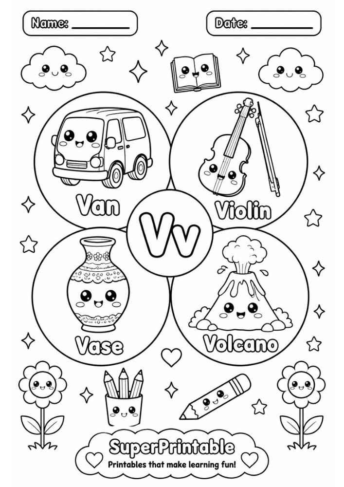 A letter V coloring worksheet showing a van, violin, vase, and volcano inside four circles with kawaii faces.