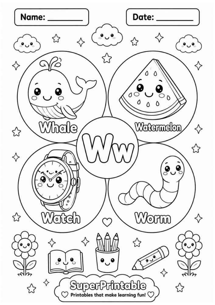 A coloring worksheet for the letter W featuring a whale, watermelon, watch, and worm inside circular frames.