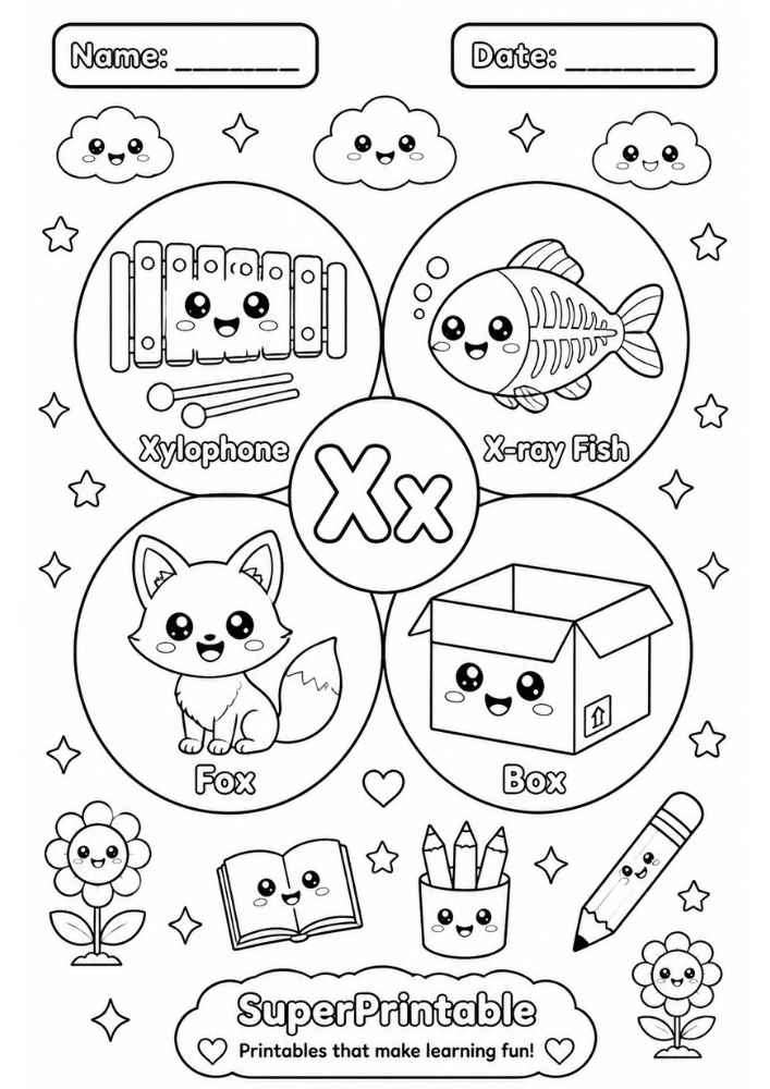 A letter X coloring worksheet showing a xylophone, x-ray fish, fox, and box inside circles.