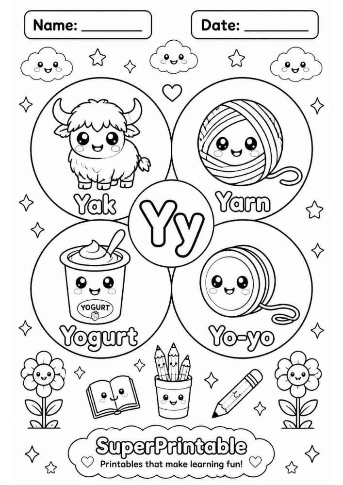 A coloring worksheet for the letter Y featuring a yak, yarn, yogurt, and yo-yo inside circles.