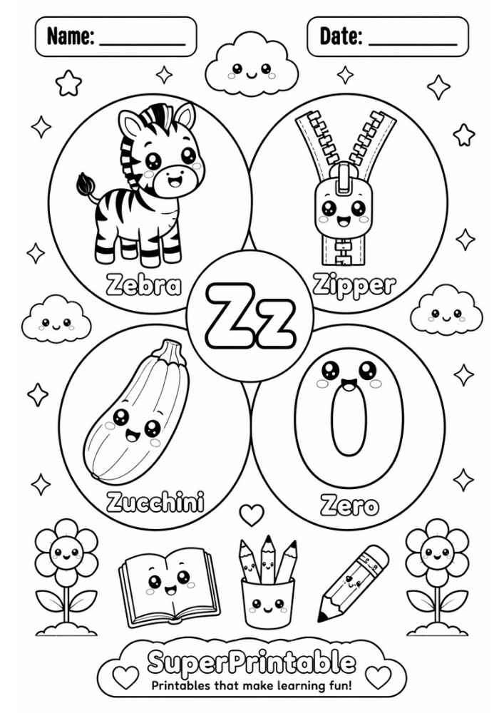 A letter Z coloring worksheet showing a cute zebra, zipper, zucchini, and zero inside circles.