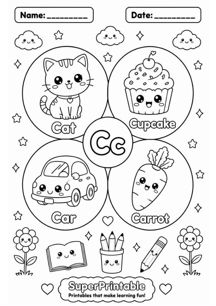 A coloring worksheet for the letter C featuring a cute cat, cupcake, car, and carrot inside circles.