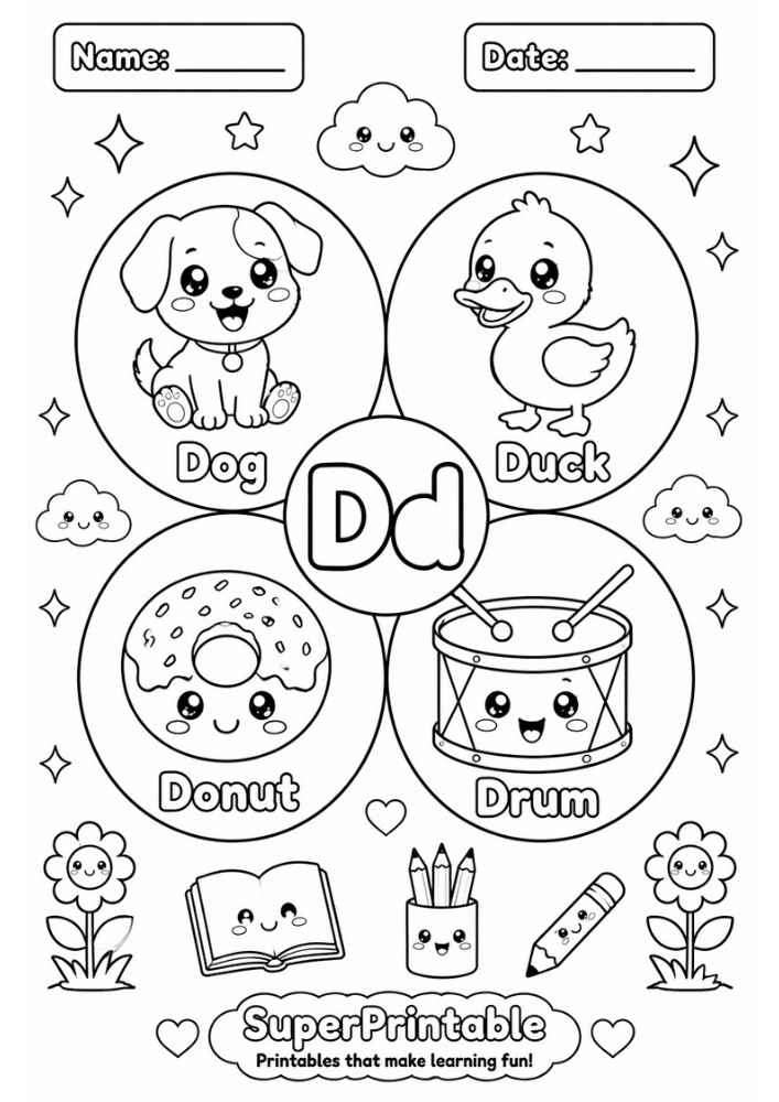 A letter D coloring worksheet showing a dog, duck, donut, and drum inside four circles with kawaii faces.
