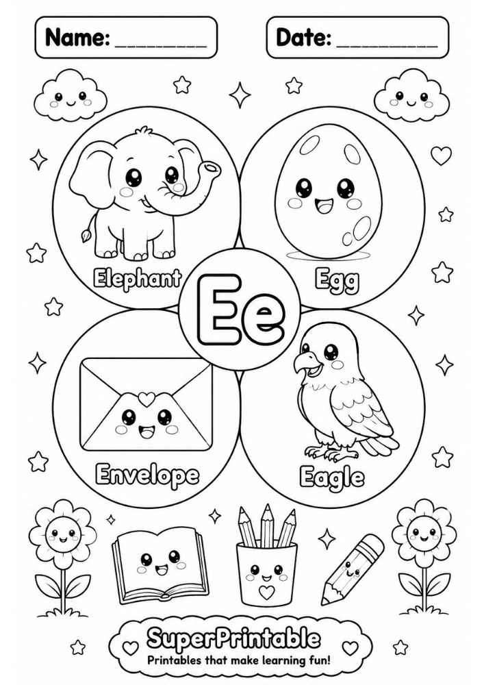 A coloring worksheet for the letter E featuring an elephant, egg, envelope, and eagle inside circular frames.
