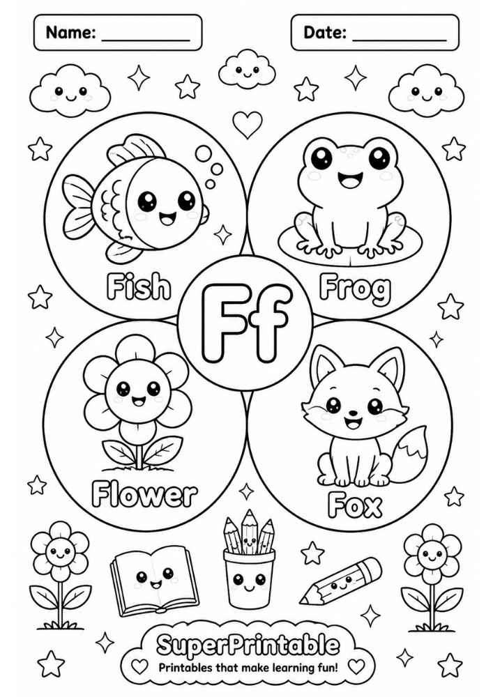 A letter F coloring worksheet showing a cute fish, frog, flower, and fox inside circles.