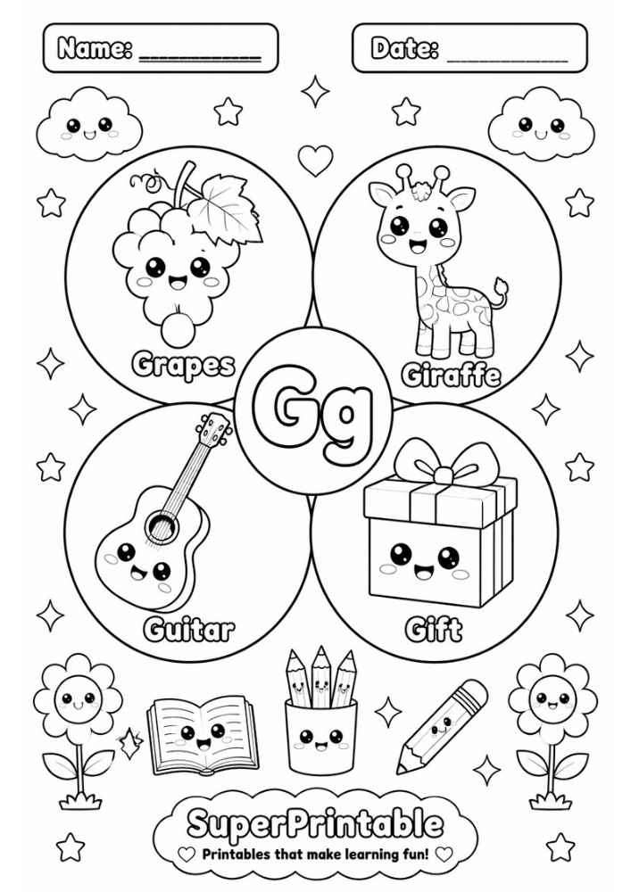 A coloring worksheet for the letter G featuring grapes, a giraffe, a guitar, and a gift inside circles.