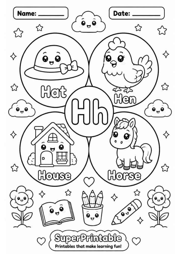 A letter H coloring worksheet showing a hat, hen, house, and horse inside circles with kawaii details.