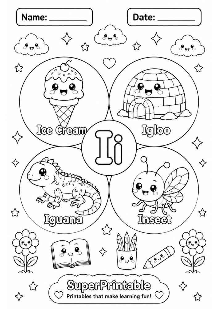 A coloring worksheet for the letter I featuring an ice cream, igloo, iguana, and insect inside circular frames.