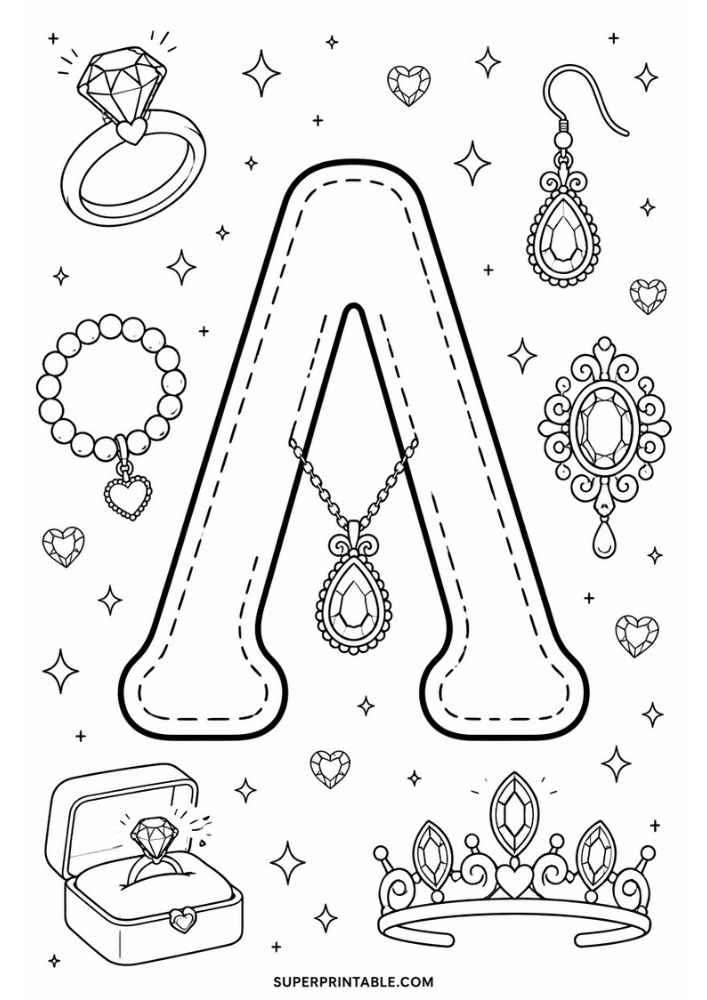 Letter A with ring, necklace, bracelet, earring, tiara, jewelry box, gems, and sparkles.