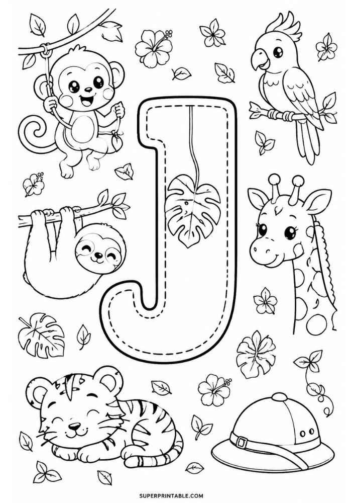 Letter J with monkey, parrot, sloth, giraffe, tiger, leaves, and explorer hat.