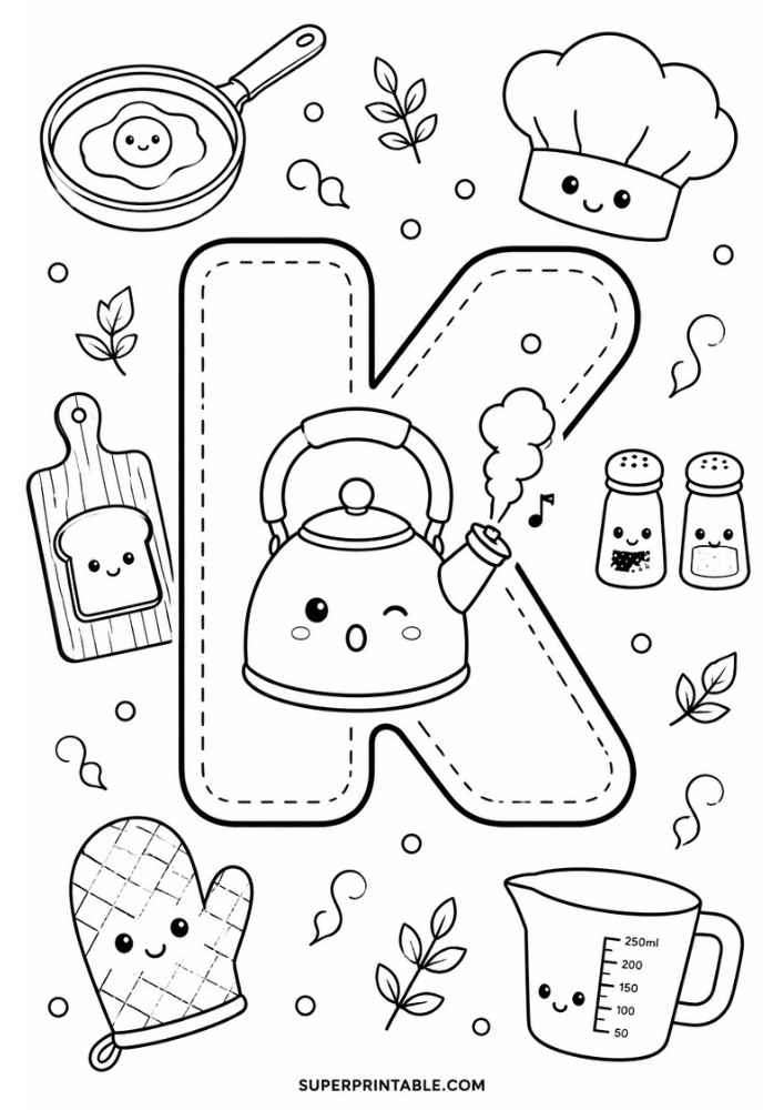 Letter K with kettle, chef hat, frying pan, cutting board, mitt, measuring cup, and shakers.