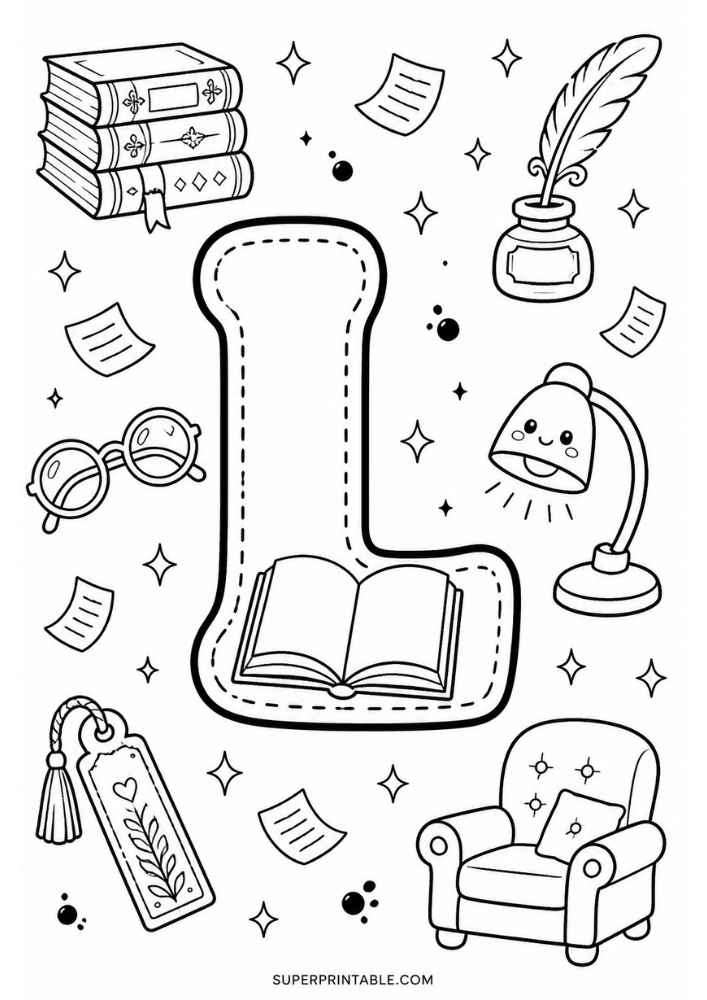 Letter L with books, glasses, lamp, feather pen, bookmark, chair, and open book.