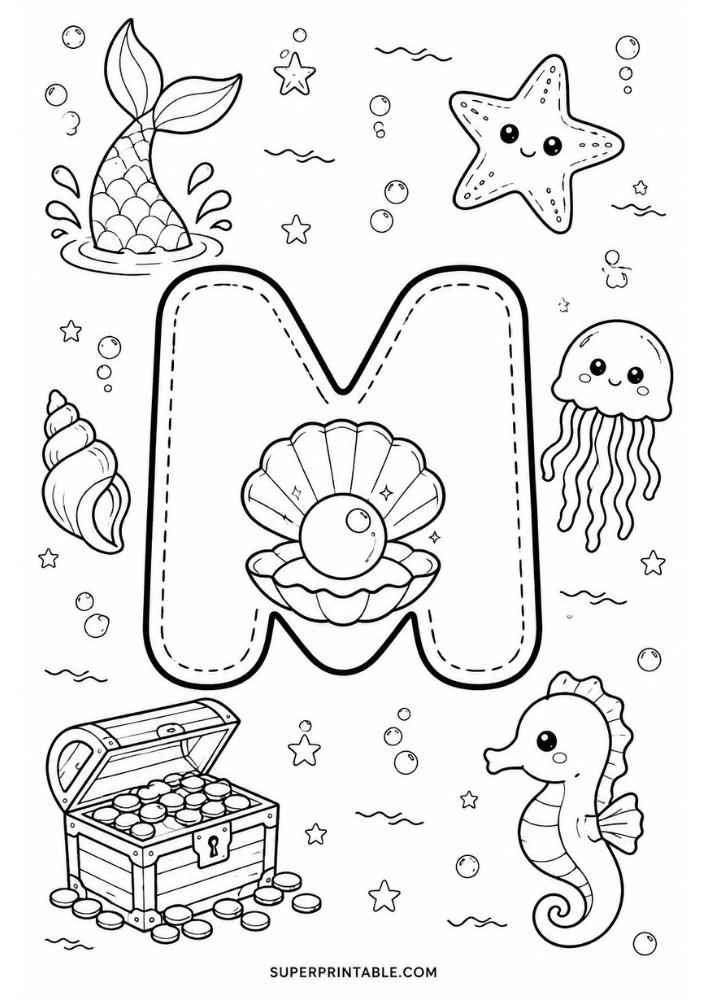 Letter M with pearl shell, mermaid tail, jellyfish, starfish, seahorse, and treasure chest.
