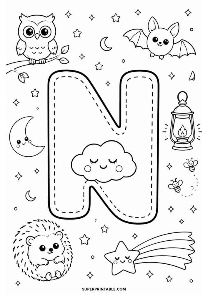 Letter N with owl, bat, moon, lantern, hedgehog, cloud, and shooting star.