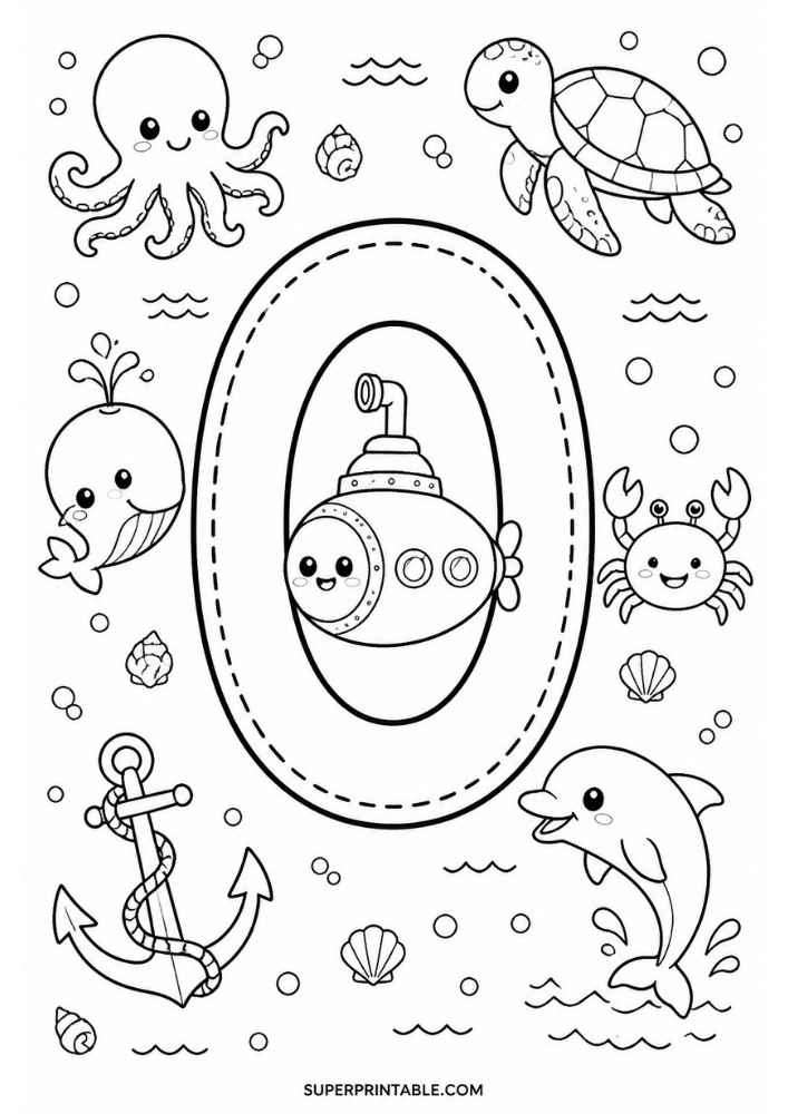Letter O with submarine, dolphin, turtle, whale, octopus, crab, anchor, and shells.